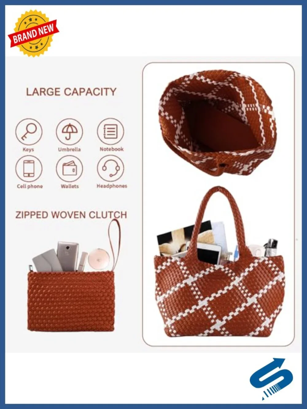 Woven Handbag Two Tone Tote Vegan Leather Purse Handwoven Summer Travel Bags